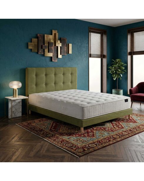 Ensemble matelas ressorts Pulsar mémoire de forme, garnissage cachemire, H27 cm, sommier et tête de lit vert - 140x190 cm
