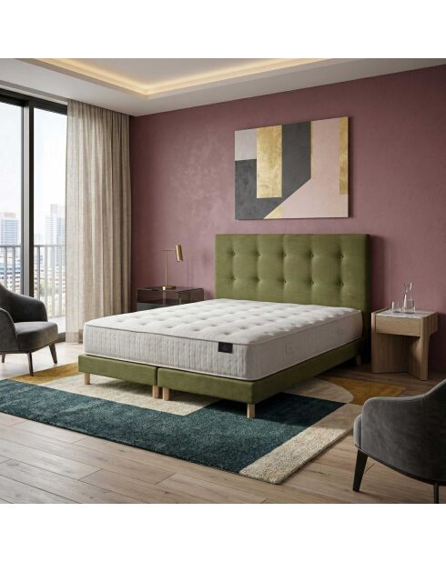 Ensemble matelas ressorts ensachés Comète H27 cm, sommier et tête de lit capitonnée vert - 160x200 cm