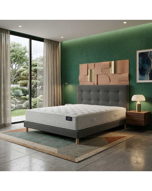 Ensemble Matelas ressorts ensachés Comète H27 cm, tête de lit capitonnée, sommier gris foncé - 140x190 cm
