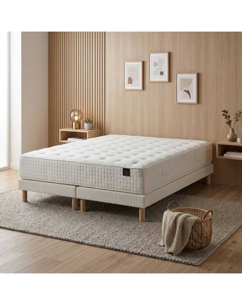 Ensemble matelas ressorts Helios mémoire de forme, garnissage cachemire, H31 cm, sommiers blanc pieds de poule - 160x200 cm