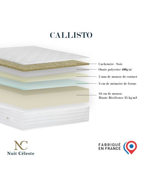 Ensemble matelas mousse haute résilience Callisto H29 cm accueil mémoire de forme, garnissage cachemiresommier et tête de lit taupe - 140x190 cm