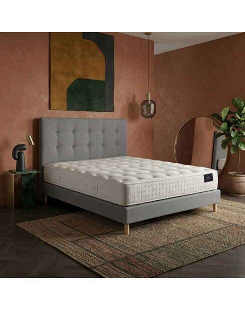 Ensemble matelas ressorts ensachés Artemis 2 mémoire de forme, garnissage cachemire, H26 cm, sommier et tête de lit gris clair - 140x200 cm