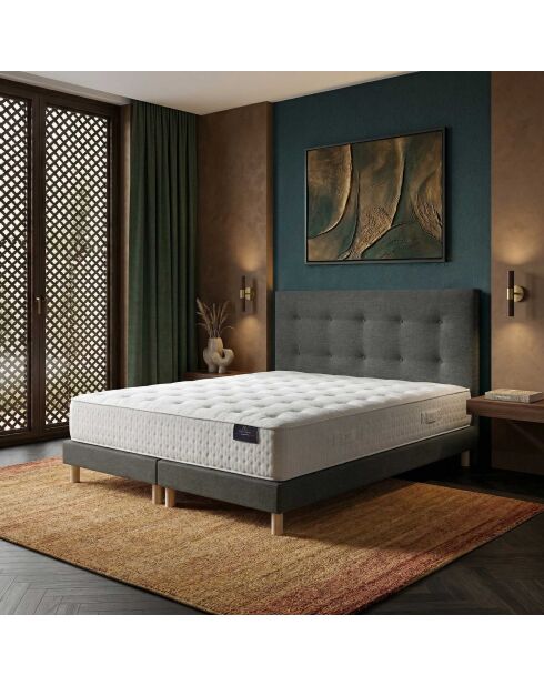 Ensemble matelas ressorts ensachés Artemis 2 mémoire de forme, garnissage cachemire, H26 cm, sommier et tête de lit gris foncé - 160x200 cm