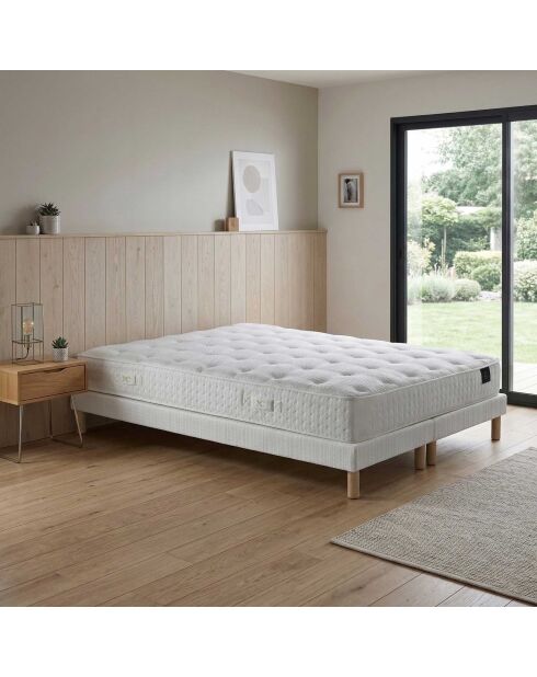 Ensemble matelas ressorts ensachés Artemis 2 mémoire de forme, garnissage cachemire, H26 cm, sommiers blanc pieds de poule - 180x200 cm