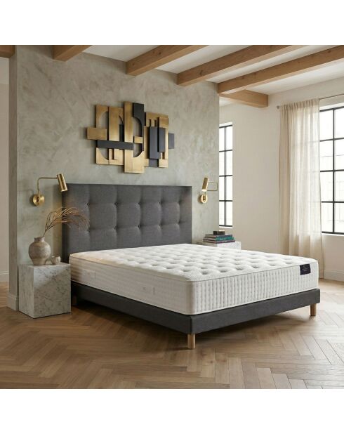 Ensemble matelas ressorts Helios mémoire de forme, garnissage cachemire, H31 cm, sommier et tête de lit gris foncé - 140x200 cm