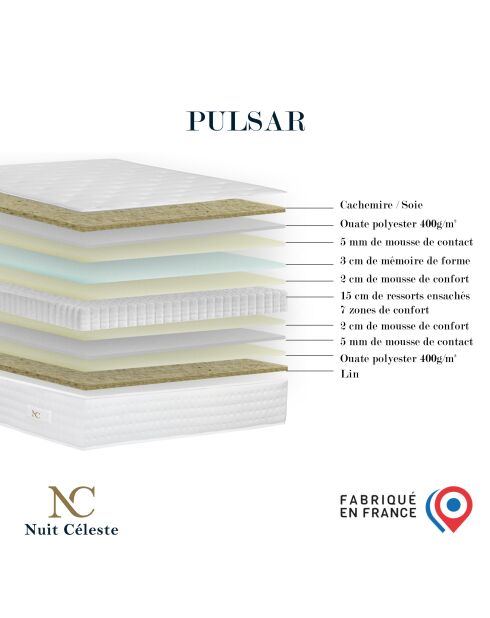 Ensemble matelas ressorts Pulsar mémoire de forme, garnissage cachemire, H27 cm, sommier et tête de lit vert - 140x200 cm