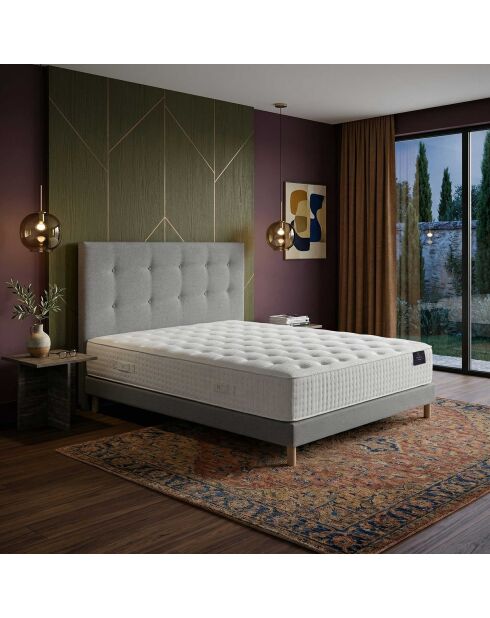 Ensemble matelas mousse haute résilience Callisto H29 cm accueil mémoire de forme, garnissage cachemiresommier et tête de lit gris clair - 140x200 cm