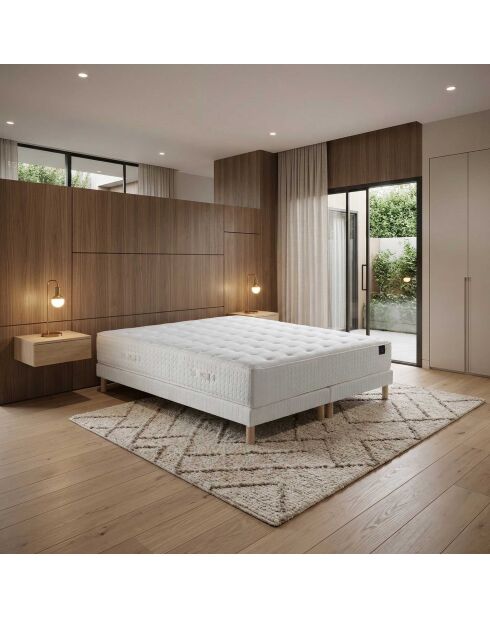 Ensemble matelas mousse haute résilience Callisto H29 cm accueil mémoire de forme, garnissage cachemiresommier blanc pieds de poule - 160x200 cm