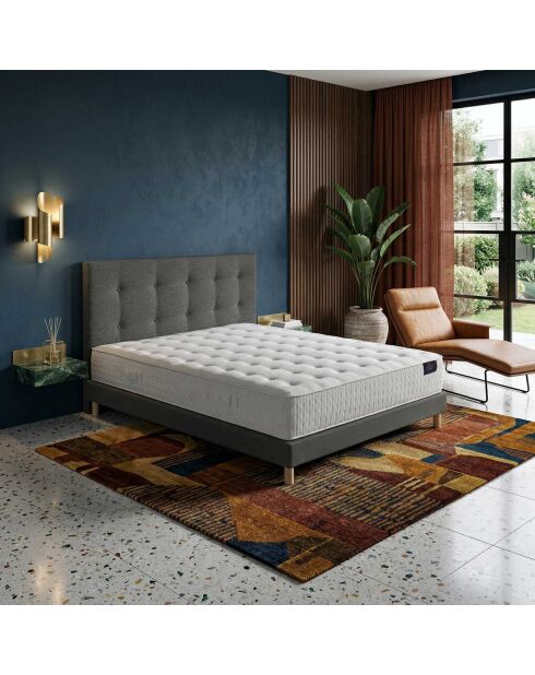 Ensemble Matelas ressorts ensachés mémoire de forme Hecate H26 cm, tête de lit capitonnée, garnissage cachemire, sommier gris foncé - 140x190 cm