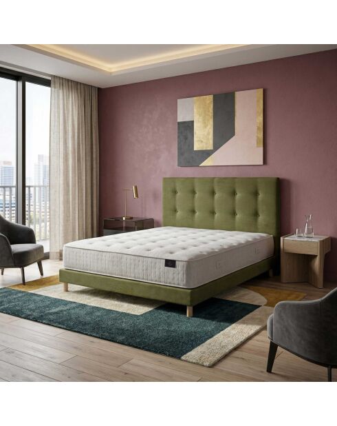 Ensemble matelas ressorts ensachés Comète H27 cm, sommier et tête de lit capitonnée vert - 140x200 cm
