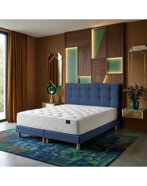 Ensemble matelas ressorts Helios mémoire de forme, garnissage cachemire, H31 cm, sommier et tête de lit bleu - 140x200 cm