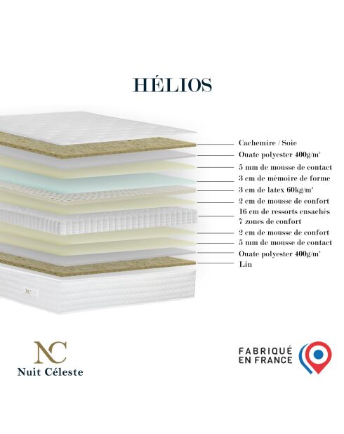 Ensemble matelas ressorts Helios mémoire de forme, garnissage cachemire, H31 cm, sommier et tête de lit bleu - 140x200 cm