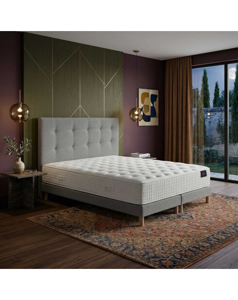 Ensemble matelas mousse haute résilience Callisto H29 cm accueil mémoire de forme, garnissage cachemiresommier et tête de lit gris clair - 180x200 cm