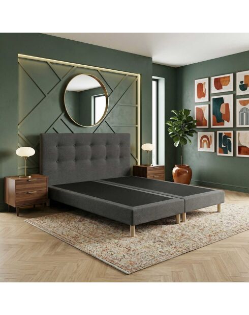 Ensemble sommier tapissier à lattes fixes anthracite et tête de lit capitonnée gris foncé - 160x200 cm