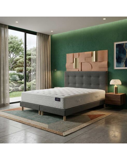 Ensemble matelas ressorts ensachés Comète H27 cm, sommier et tête de lit capitonnée gris foncé - 160x200 cm