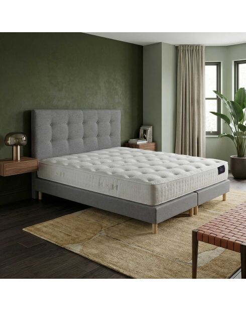 Ensemble Matelas ressorts ensachés et mémoire de forme Hecate H26 cm, tête de lit capitonnée, garnissage cachemire, sommier gris clair - 160x200 cm