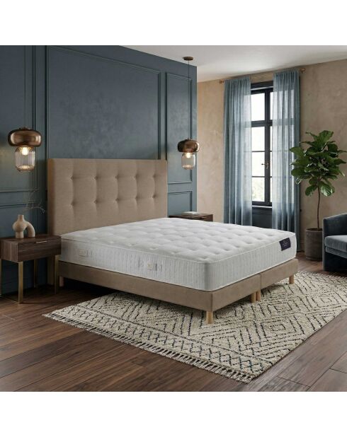 Ensemble matelas ressorts Pulsar mémoire de forme, garnissage cachemire, H27 cm, sommier et tête de lit taupe - 160x200 cm