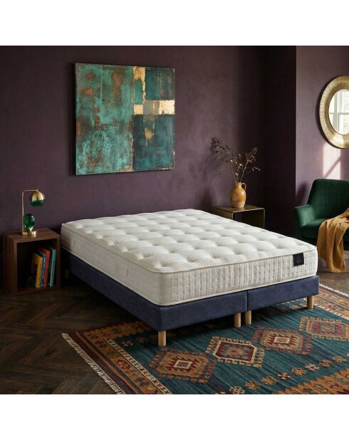 Ensemble matelas ressorts ensachés Artemis 2 mémoire de forme, garnissage cachemire, H26 cm, sommier bleu - 180x200 cm