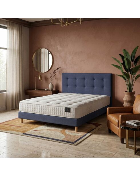 Ensemble matelas ressorts Pulsar mémoire de forme, garnissage cachemire, H27 cm, sommier et tête de lit bleu - 140x200 cm