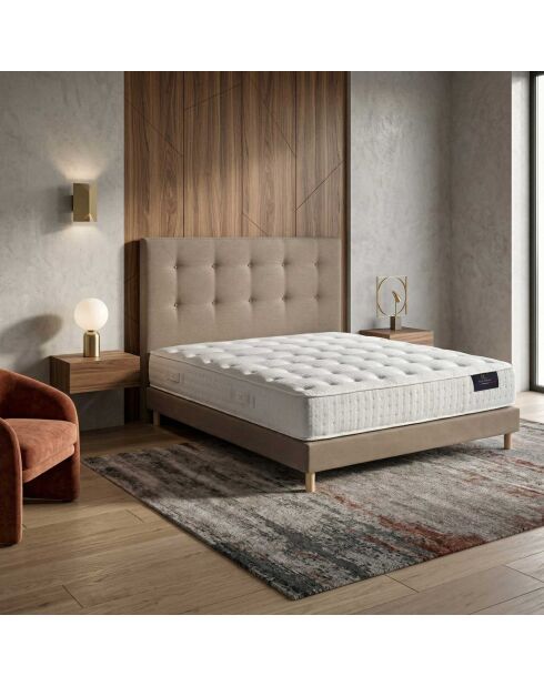 Ensemble matelas ressorts ensachés Comète H27 cm, sommier et tête de lit capitonnée taupe  - 140x200 cm