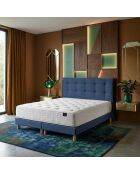 Ensemble matelas ressorts Helios mémoire de forme, garnissage cachemire, H31 cm, sommier et tête de lit bleu - 140x190 cm