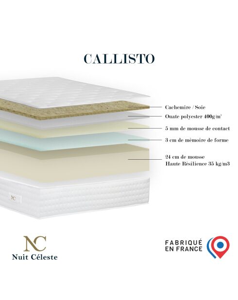 Ensemble matelas mousse haute résilience Callisto H29 cm accueil mémoire de forme, garnissage cachemiresommier et tête de lit gris clair - 140x190 cm