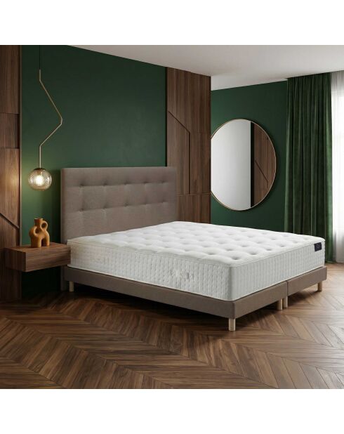 Ensemble matelas ressorts Helios mémoire de forme, garnissage cachemire, H31 cm, sommier et tête de lit taupe - 160x200 cm