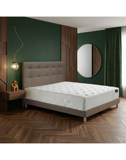 Ensemble matelas ressorts Helios mémoire de forme, garnissage cachemire, H31 cm, sommier et tête de lit taupe - 140x200 cm