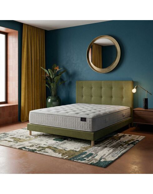 Ensemble matelas ressorts ensachés Artemis 2 mémoire de forme, garnissage cachemire, H26 cm, sommier et tête de lit vert - 140x200 cm