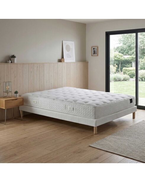 Ensemble matelas ressorts ensachés Artemis 2 mémoire de forme, garnissage cachemire, H26 cm, sommiers blanc pieds de poule - 140x200 cm