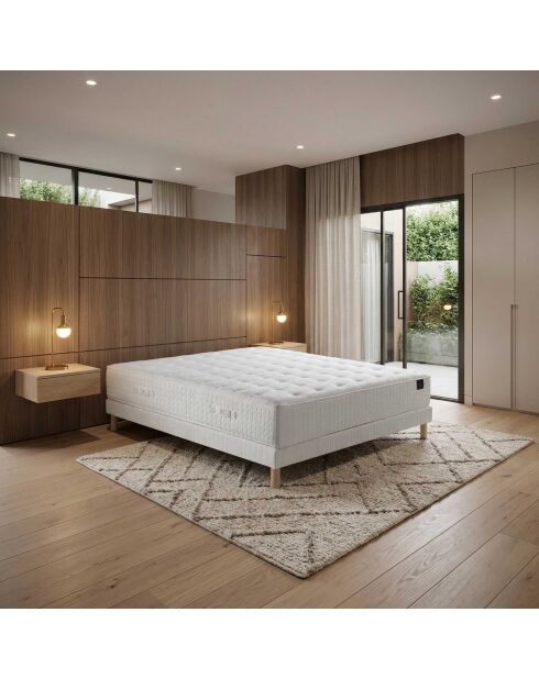 Ensemble matelas mousse haute résilience Callisto H29 cm accueil mémoire de forme, garnissage cachemiresommier blanc pieds de poule - 140x200 cm