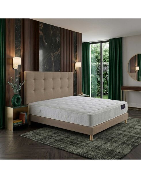 Ensemble matelas ressorts ensachés Artemis 2 mémoire de forme, garnissage cachemire, H26 cm, sommier et tête de lit taupe - 140x200 cm