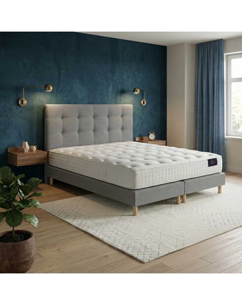 Ensemble matelas ressorts ensachés Comète H27 cm, sommier et tête de lit capitonnée gris clair - 160x200 cm