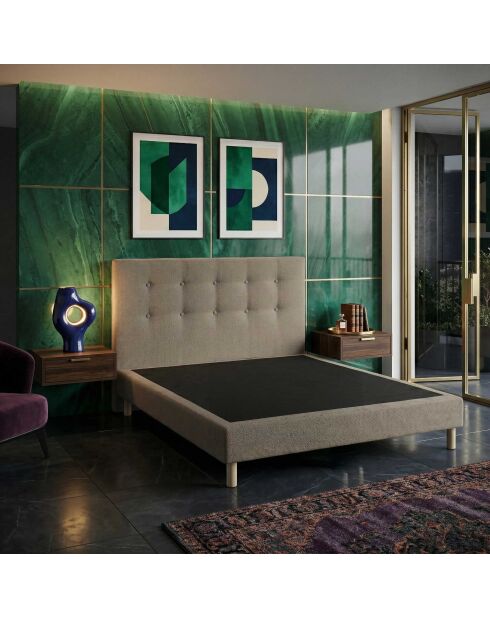 Ensemble sommier tapissier à lattes fixes et tête de lit capitonnée taupe - 140x200 cm
