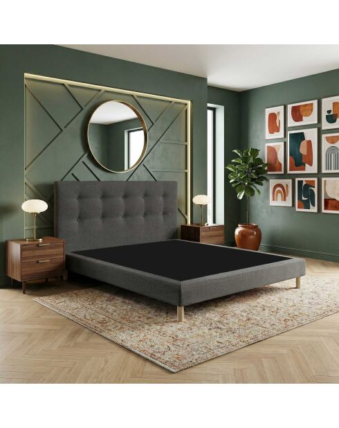 Ensemble sommier tapissier à lattes fixes anthracite et tête de lit capitonnée gris foncé- 140x200 cm