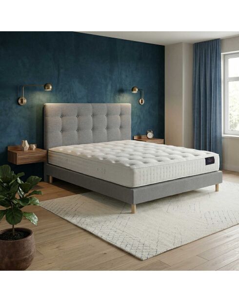 Ensemble Matelas ressorts ensachés Comète H27 cm, tête de lit capitonnée, sommier gris clair - 140x190 cm