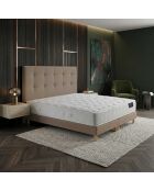 Ensemble Matelas ressorts ensachés et mémoire de forme Hecate H26 cm, tête de lit capitonnée, garnissage cachemire, sommier taupe - 160x200 cm