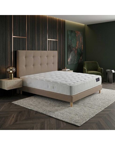 Ensemble Matelas ressorts ensachés mémoire de forme Hecate H26 cm, tête de lit capitonnée, garnissage cachemire, sommier taupe - 140x190 cm