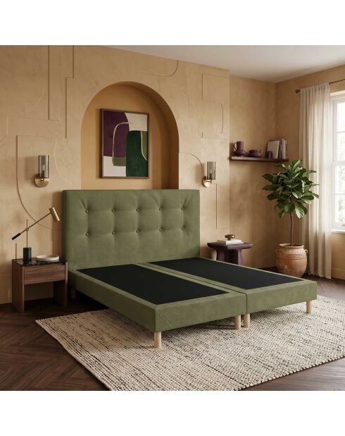 Ensemble sommier tapissier à lattes fixes et tête de lit capitonnée vert - 160x200 cm