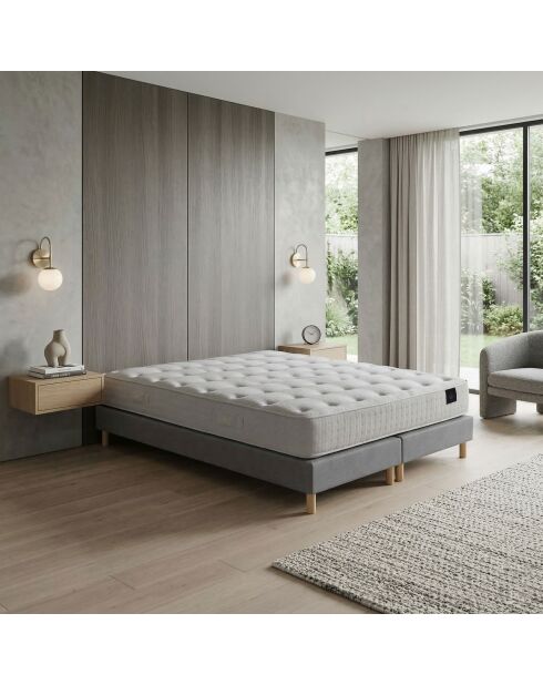 Ensemble matelas ressorts Pulsar mémoire de forme, garnissage cachemire, H27 cm, sommier gris clair - 180x200 cm