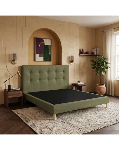 Ensemble sommier tapissier à lattes fixes et tête de lit capitonnée vert - 140x200 cm