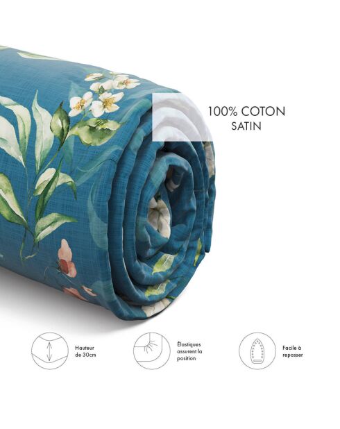 Belle de Nuit hoeslaken van blauw katoensatijn