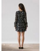 Robe courte avec imprimé fleuri en soie noire et blanche