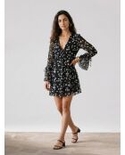 Robe courte avec imprimé fleuri en soie noire et blanche