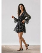 Robe courte avec imprimé fleuri en soie noire et blanche