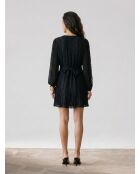 Robe courte à manches longues decollete V incruste de dentelles black