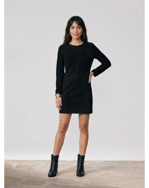 Langärmliges Kurzkleid aus Ziegenleder in Schwarz