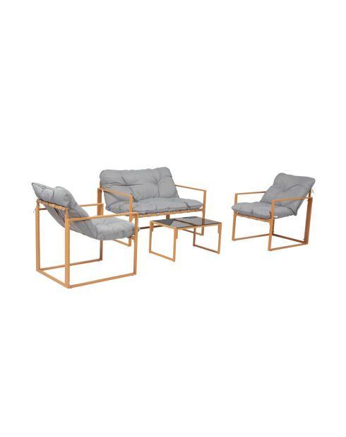 Salon de jardin 4 places contemporain Cadiz brun avec coussins gris - 4 pièces