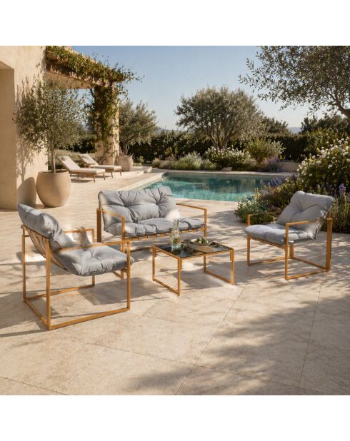 Salon de jardin 4 places contemporain Cadiz brun avec coussins gris - 4 pièces