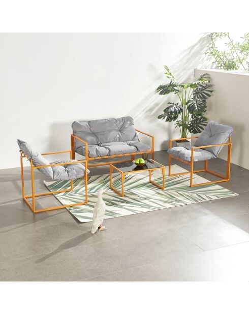 Salon de jardin 4 places contemporain Cadiz brun avec coussins gris - 4 pièces